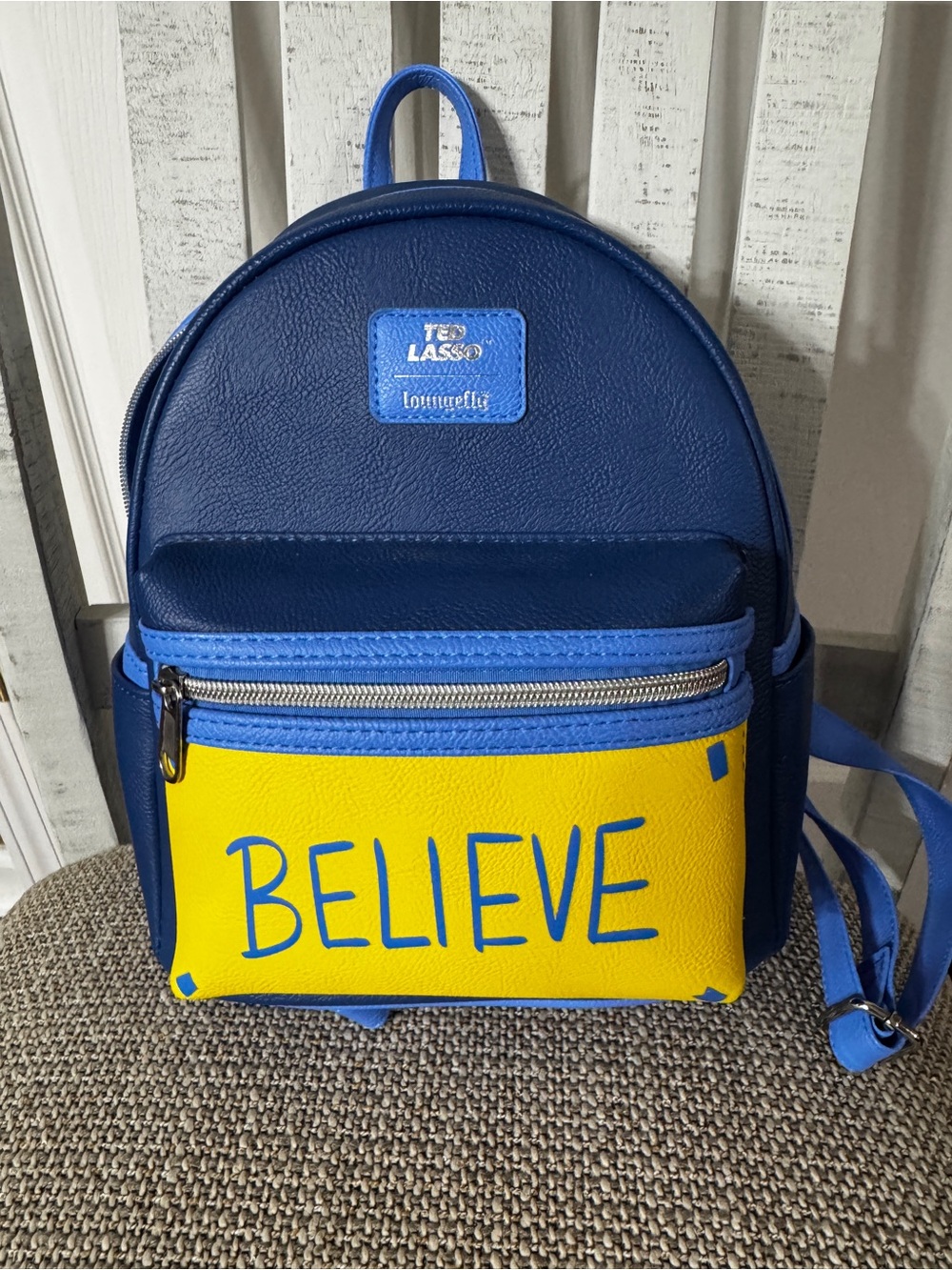 Loungefly Ted Lasso 'BELIEVE' Blue and Yellow Mini Backpack